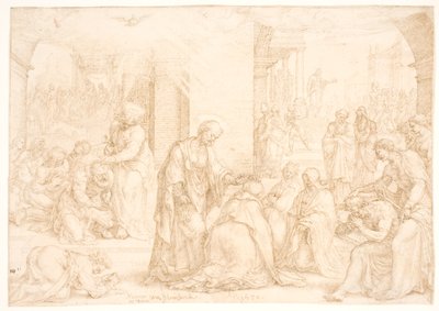 Felipe, Pedro y Juan confieren el Espíritu Santo a los hombres y mujeres bautizados en Samaria mediante la imposición de manos de Maarten van Heemskerck