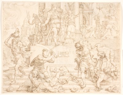 Josías ordena que todo lo hecho para Baal sea destruido y los sacerdotes sean asesinados de Maarten van Heemskerck