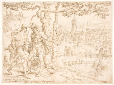 Judá enviando a Tamar el cabrito por Hira, el adulamita de Maarten van Heemskerck