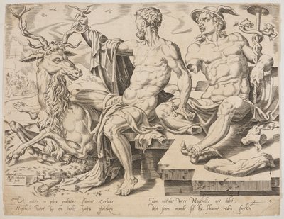 Neftalí con un ciervo y una estatua rota de Mercurio, de la serie Los Doce Patriarcas, grabado por Dirk Volkertsz Coornhert de Maarten van Heemskerck
