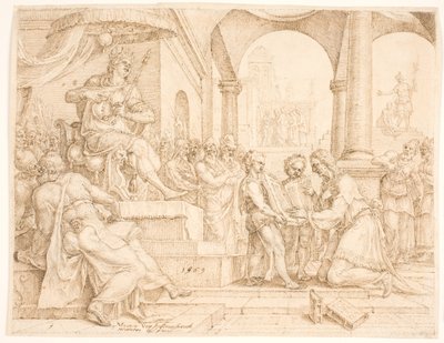 El escriba del estado Safán lee el libro de la ley al rey Josías, que rasga sus vestiduras de Maarten van Heemskerck