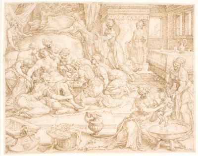 Tamar dando a luz a Fares y Zara de Maarten van Heemskerck