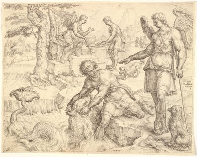 Tobías atrapando el pez en el río Tigris de Maarten van Heemskerck