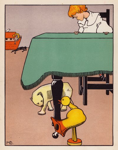 "Alrededor de las patas de la mesa" (litografía en color) de Mabel Dearmer