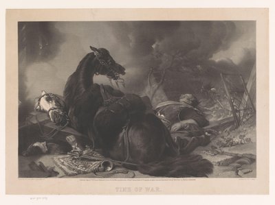 Dos soldados de caballería y sus caballos golpeados en un ataque Tiempo de guerra (título sobre el objeto) de Maclure and Macdonald