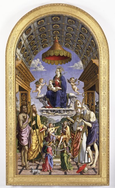 Madonna y el Niño en gloria, ángeles músicos y santos Juan Bautista, Santiago, Ugo y Jerónimo, 1498 de Macrino dAlba