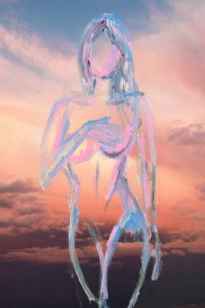 In The Clouds, 2019 (pintura acrílica sobre impresión de pigmento de archivo) de Madeleine Gross
