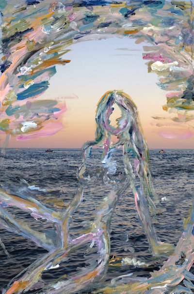 Miami Sunset Silhouette, 2021 (pintura acrílica sobre impresión de pigmentos de archivo) de Madeleine Gross
