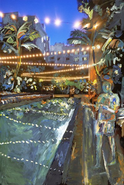 Baño nocturno, 2021 (pintura acrílica sobre impresión de pigmentos de archivo) de Madeleine Gross