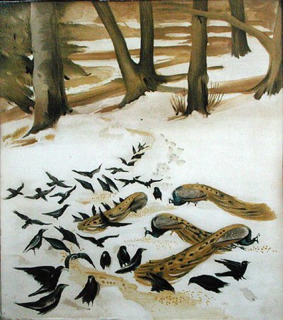 Pájaros alimentándose en la nieve de Madeline Wyndham