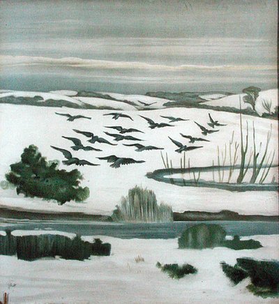 Grajos volando sobre un paisaje invernal de Madeline Wyndham