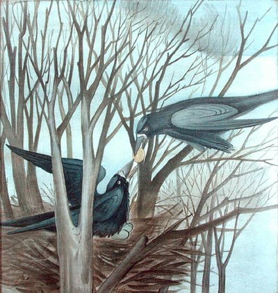 Dos grajos alimentándose en un árbol de Madeline Wyndham