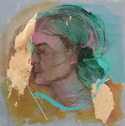 Lost In Thought 6, 2020 (acrílicos, pasteles y pan de oro sobre papel) de Madgalena Morey