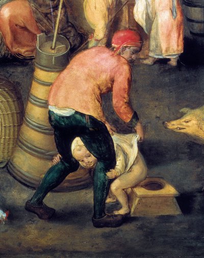 Interior de una casa flamenca. Un hombre sostiene a un niño pequeño en el orinal de Maerten van Cleve