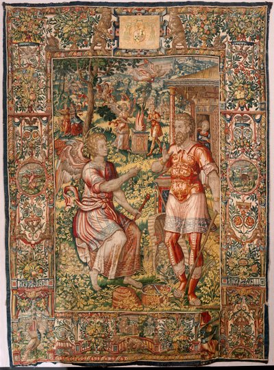 Museo Diocesano (Museo Diocesano). Tapiz flamenco. Bruselas. Taller François Geubels. Serie Historia de Gedeón. Gedeón y el ángel (Gedeón y el ángel). Seda y lana. Legado del obispo Vicente Roca de la Serna. Barroco. 1534-1571, en la catedral desde de Maerten van Heemskerck