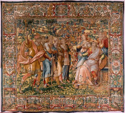 Museo Diocesano (Museo Diocesano). Tapiz flamenco. Bruselas. Taller François Geubels. Serie La Historia de Gedeón. Se le informa a Joás que Gedeón ha destruido el altar de Baal (se le informa a Joás que Gedeón ha derribado el altar de Baal). Seda y lana. B de Maerten van Heemskerck