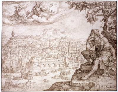 Jonás, sentado bajo la calabaza, contempla la ciudad de Nínive, 1566 de Maerten van Heemskerck