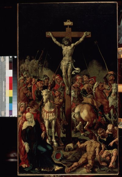 ""El Calvario"" (Calvario) La crucifixión. Inscripción ""INRI"" en la cruz. Panel central de un tríptico. Pintura de Maarten van Heemskerck (Maerten Heemskerk van Veen) (Marten, Martin) (1498-1574) 1545-1550 Dim. 100,7x58,3 cm Museo del Hermitage, Sain de Maerten van Heemskerck