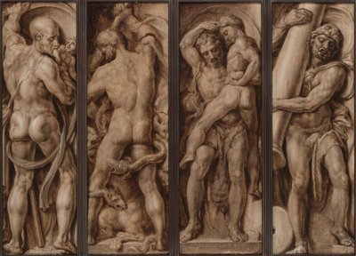Saturno devorando a un niño; Hércules matando a la hidra; Hércules levantando a Anteo; Hércules erigiendo las columnas de Calpe y Abyla de Maerten van Heemskerck