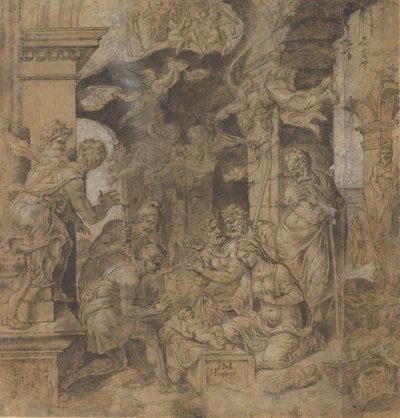 La Adoración de los Pastores, reverso: Bocetos, ca. 1532-37 de Maerten van Heemskerck