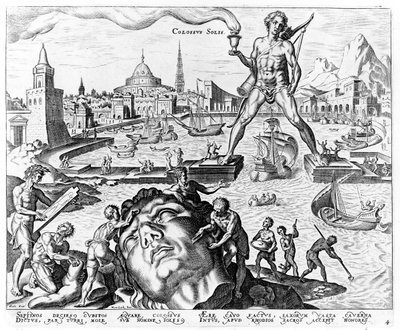 El Coloso de Rodas, lámina 4 de Las Ocho Maravillas del Mundo, grabado por Philips Galle, 1572 de Maerten van Heemskerck