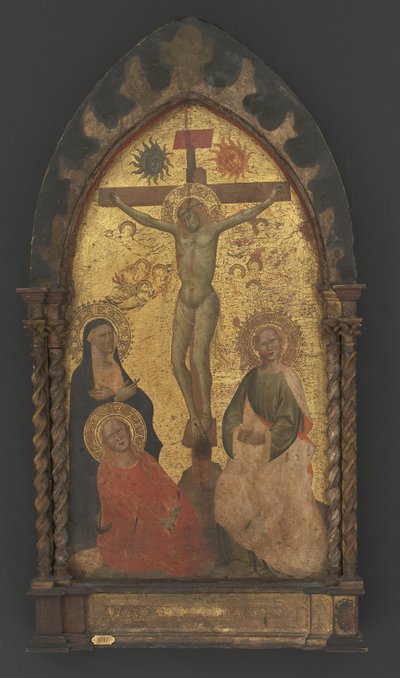 Cristo en la cruz llorado por la Virgen María y los santos María Magdalena y Juan de Maestro Francesco