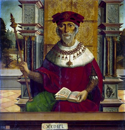 Le prophete Ezechiel - El profeta Ezequiel - Peinture de Maestro de Becerril (activo a principios del siglo XVI) - c. 1525 - Óleo sobre madera - 90,8x87,7 cm - Museo del Prado, Madrid de Maestro de Becerril