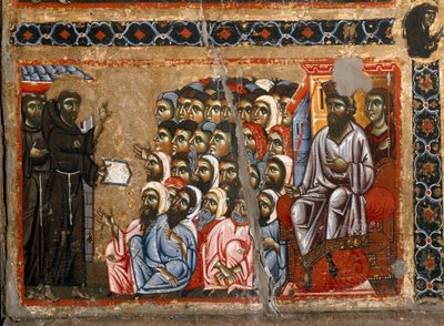 Historia de la vida de San Francisco del retablo de San Francisco de Asís. Detalle de San Francisco dirigiéndose al sultán. Pintura del Maestro (Maestro) del San Francesco Bardi. Escuela florentina de la primera mitad del siglo XIII de Maestro del San Francesco Bardi