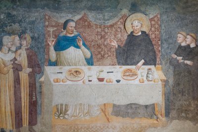 El milagro de San Guido: el Beato Abad convirtiendo el agua en vino ante Gebeardo, arzobispo de Rávena, refectorio (fresco) de Maestro di Tolentino (attr.to)