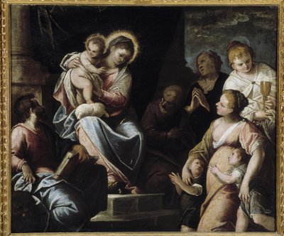 La Virgen tiene al Niño rodeado de virtudes teologales Alegoría de la Fe, la Esperanza y la Caridad de Maffeo da Verona