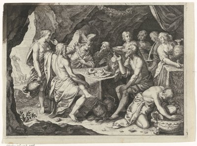 Escena de las Metamorfosis de Ovidio: una comida en una cueva de Magdalena van de Passe (attributed to)