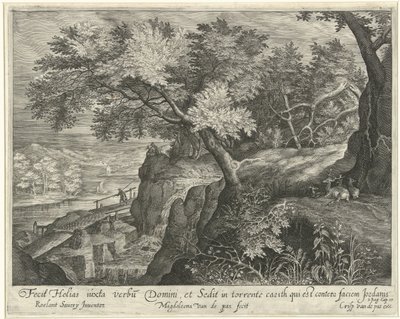 Elías descansa sobre una roca junto al arroyo Kerit. Paisajes con escenas de la historia de Elijah (título de la serie) de Magdalena van de Passe