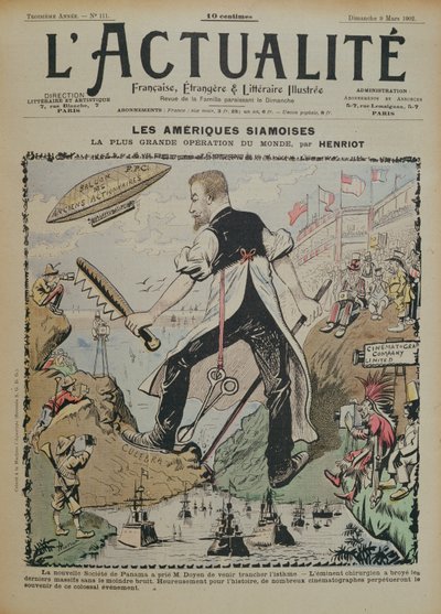 Caricatura sobre la construcción del Canal de Panamá y la cobertura mediática que lo rodea, portada de la revista L
