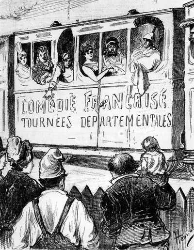 El elenco de la Comédie Française de gira en Francia en un tren especial, hace una parada para mostrar el teatro a los campesinos, segunda mitad del siglo XIX de Henri Maigrot