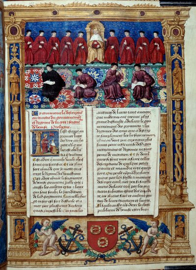 El Consejo de los Diez El Dux está en el centro. Página tomada de una descripción o trata del gobierno y régimen de la ciudad y señorío de Venecia realizada por el Almirante Louis Malet de Graville, iluminada por el Maestro de Felipe de Geldre (siglo XVI de Maitre de Philippe de Gueldre
