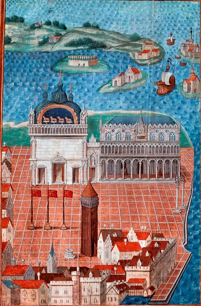 Vista de la Plaza de San Marcos con el Palacio Ducal en Venecia" Miniatura tomada de "Descripción o trata del gobierno y régimen de la ciudad y señorío de Venecia" del Maestro de Felipe de Geldre (1467-1547) Chantilly, Musee Conde de Maitre de Philippe de Gueldre