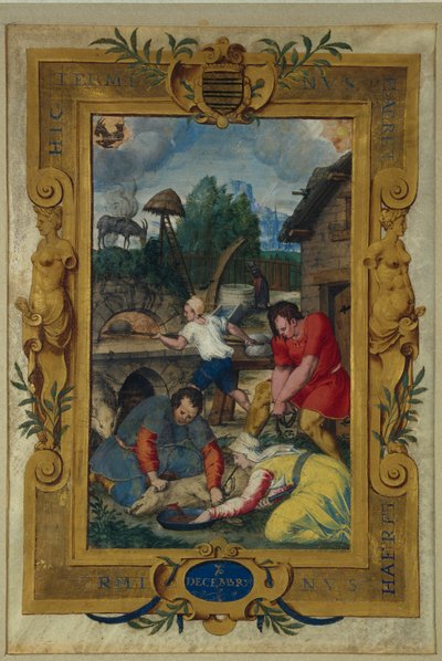 Página del calendario para diciembre, matanza del cerdo, de un libro de horas, c.1550-60 de Maitre des Heures de Claude Gouffier
