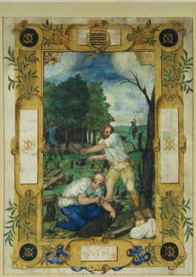 Página del calendario para noviembre, tala de árboles, de un libro de horas, c.1550-60 de Maitre des Heures de Claude Gouffier
