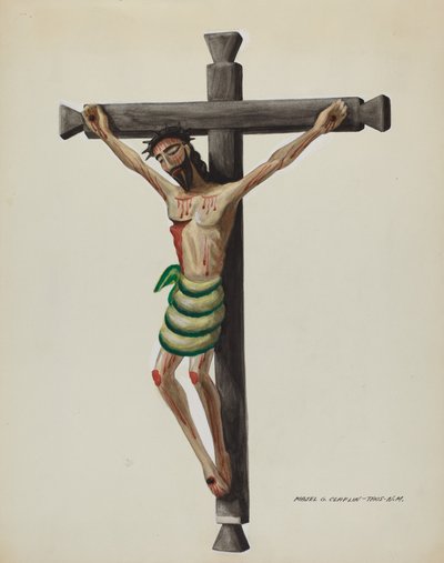 Cristo, Tallado y Pintado, en Cruz de Madera Tallada Negra de Majel G. Claflin
