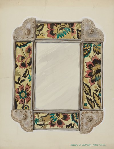 Espejo, enmarcado con paneles de papel tapiz, bordeado en estaño, c. 1938 de Majel G. Claflin