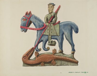 San Jorge y el dragón, tallado en una sección de tabla - pintado, c. 1938 de Majel G. Claflin