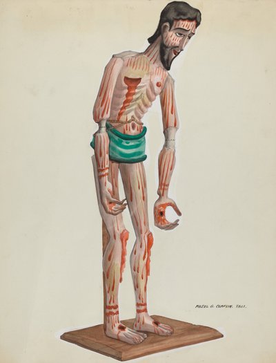 Cristo de madera, vista frontal pintada, c. 1937 de Majel G. Claflin