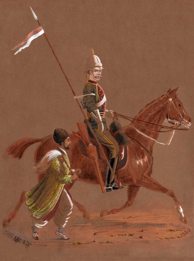 Soldado del 9º Lanceros montando, con un soldado afgano corriendo al lado de su caballo de Major General R.G. Woodthorpe