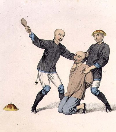 Castigo a un barquero, lámina 7 de "Los castigos de China", grabado por J. Dadley de Major George Henry Mason