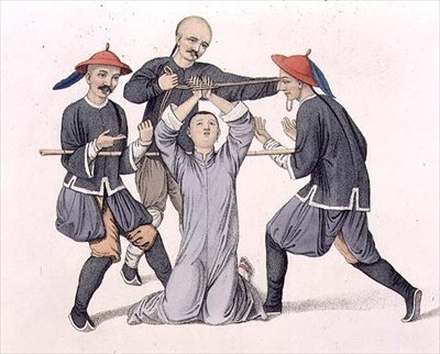 Torturar los dedos, lámina 10 de "Los castigos de China", grabado por J. Dadley de Major George Henry Mason