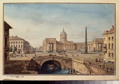 La catedral Kazan a Saint Petersburg (La Catedral de Kazan en San Petersburgo) - Obra de Maxim Nikiphorovich Vorobyev (Vorobiev) (1787-1855), tinta y acuarela sobre papel de Maksim Nikiforovich Vorobiev