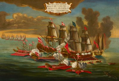 Captura de un barco turco por galeras y barcos de la Orden al mando de Fleurigny, frente a Trípoli (óleo sobre lienzo) de Maltese School