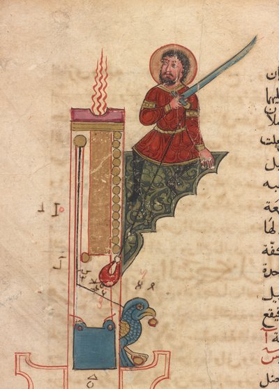 Un reloj de vela, folio deKitab fi ma`arifat al-hiyal al-handisaya (El libro del conocimiento de los ingenios mecánicos) Autómatas de al-Jazari (m. 1206) (tinta, acuarela opaca y oro sobre papel) de Mamluk Sultanate school