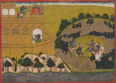 Rama libera a los espías demoníacos Shuka y Sarana: Folio de la serie del Asedio de Lanka, ca. 1725 de Manaku
