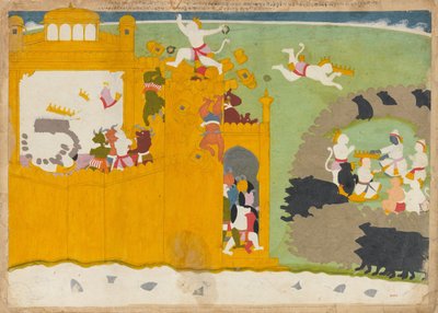 El Líder Mono Angada Roba la Corona de Ravana de su Fortaleza, ca. 1725 de Manaku